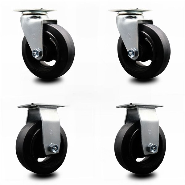 5 Inch Rubber on Cast Iron Caster Set with Ball Bearings 2 Swivel 2 Rigid
